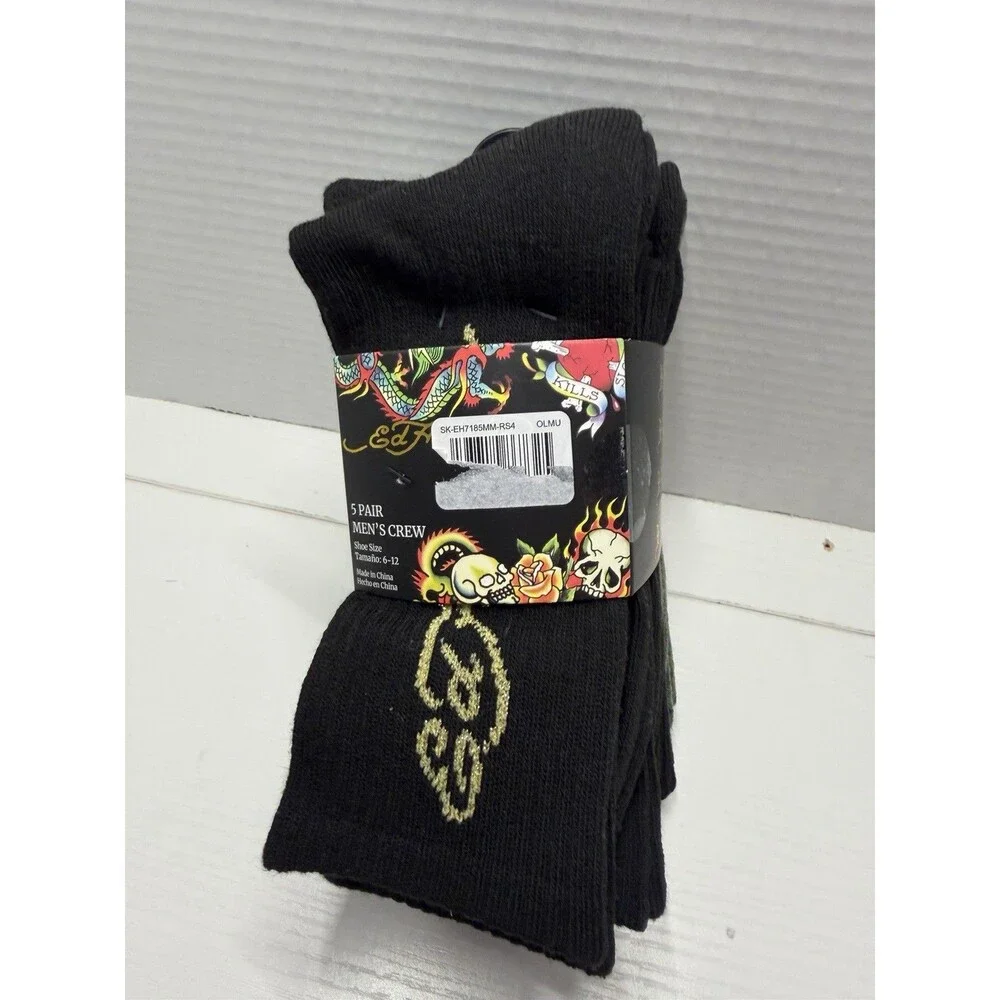 Ed Hardy Men’s Crew Socks 5 Pairs Size 6-12 Green/Black Flames Polyester Spandex